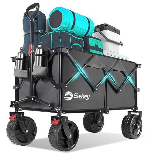 Sekey 220L Beach Wagon, 440 lb Capacity, Foldable, 8 in Wide Wheels | Beach wagon and collapsible wagon cart with 8 x 3 in wide-tread wheels, brakes, 360-degree steering and 1.36 cu ft storage.