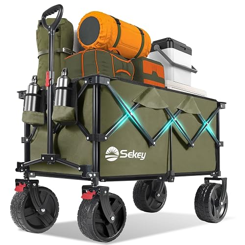 Sekey 220L Beach Wagon, 440 lb Capacity, Foldable, 8 in Wide Wheels | Beach wagon and collapsible wagon cart with 8 x 3 in wide-tread wheels, brakes, 360-degree steering and 1.36 cu ft storage.
