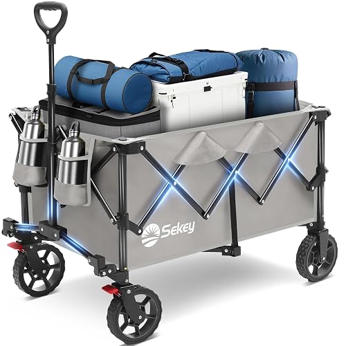 Sekey Collapsible Wagon, 300 lb Capacity, 29 in Cargo Bed, Compact Fold | Foldable wagon cart with 29 x 18 x 14 in cargo bed, 300 lb steel frame, 600D Oxford fabric and 1.2 cu ft folded storage.