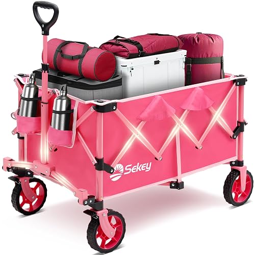 Sekey Collapsible Wagon, 300 lb Capacity, 29 in Cargo Bed, Compact Fold | Foldable wagon cart with 29 x 18 x 14 in cargo bed, 300 lb steel frame, 600D Oxford fabric and 1.2 cu ft folded storage.