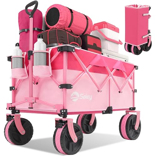 Sekey 220L Beach Wagon, 440 lb Capacity, Foldable, 8 in Wide Wheels | Beach wagon and collapsible wagon cart with 8 x 3 in wide-tread wheels, brakes, 360-degree steering and 1.36 cu ft storage.