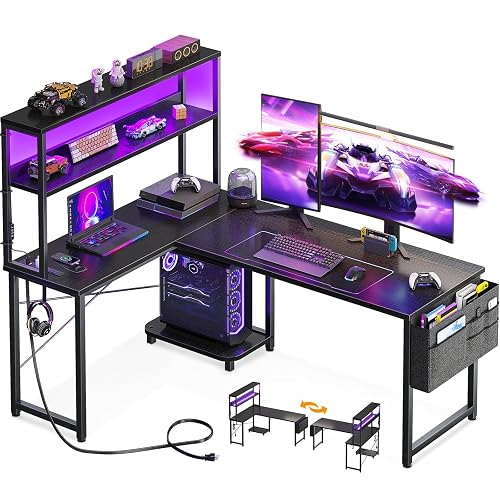 AODK L Shaped Desk Gaming Desk with LED Light & Power Outlet | 53 Inch Black Reversible L Shaped Computer Table with Shelf & Storage Bag & Hook for Home Office