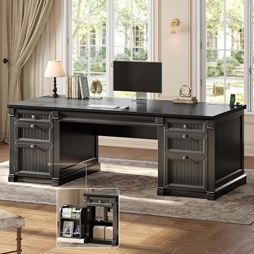SEDETA 67" Office Executive Desk with 4 Drawers, Storage Cabinet & Outlet | Black Home Office Computer Desk with File Drawers & Cabinet, Power Strip for Office, Bedroom, Work, Writing,Study Table