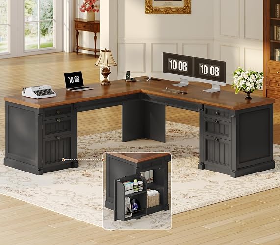 SEDETA L Shaped Office Desk with 4 Drawers Storage, 67"x67" Executive Desk | Brown+Black Corner Computer Desk with File Drawers & Storage Cabinet,Power Strip for Office,Bedroom,Work,Writing,Study Table