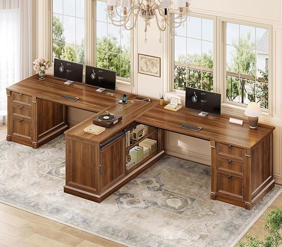 SEDETA 110.2" 2 Person Desk with 6 Drawers & Storage Shelves, Power Strip | Brown Double Office Desk with Power Strip with USB,Farmhouse T Shaped Desk 2 Sliding Barn Doors for Home Office,Bedroom