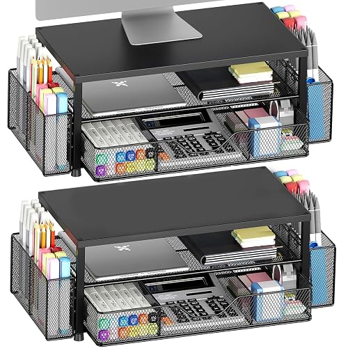 OPNICE Desk Organizer and Accessories, 2-Tier Computer Monitor Stand Riser with Drawer and 2 Pen Holders, Laptop Stand, Office Desk Accessories for Office Supplies, Black 2-Pack
