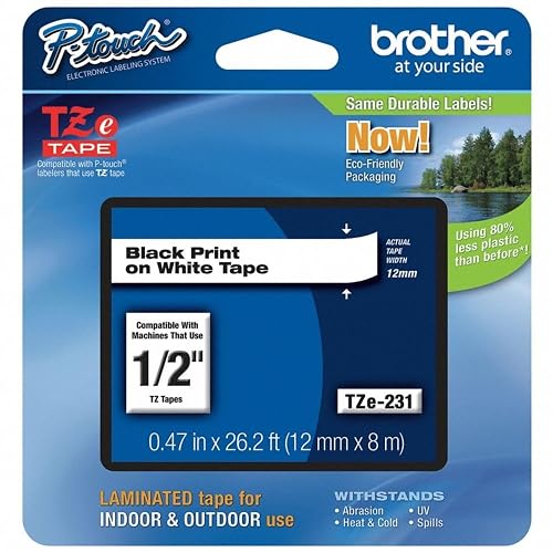 Brother Genuine P-touch TZE-231 Tape, 1/2" (0.47") Wide Standard Laminated Tape, Black on white, Laminated for Indoor or Outdoor Use, Water-Resistant, 0.47" x 26.2' (12mm x 8M), TZE231