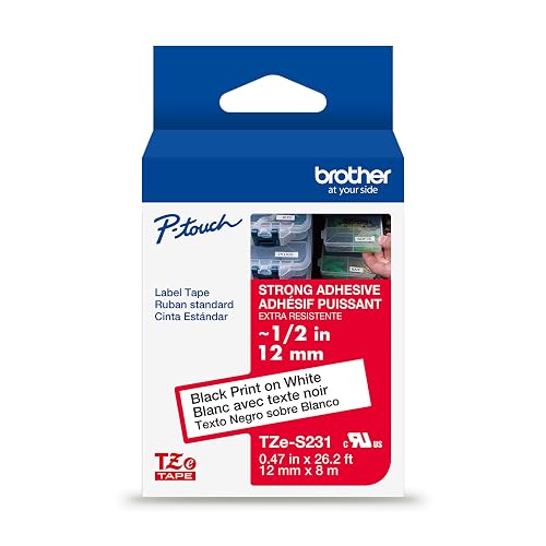 Brother Genuine P-Touch TZe Black Print on White Label Tape (TZeS231), Strong Adhesive Laminated, ~1/2in x 26.2ft (12mm x 8m), for Select P-Touch Label Makers, Water-Resistant, Extra Strength