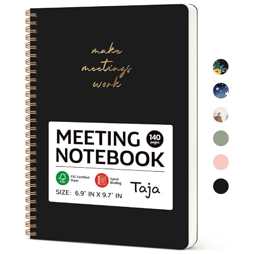 Taja Meeting Notebook for Work, Project Planner, 6.9" X 9.7", 140 Pages | Work Notebook with Action Items, Meeting Minutes Planner Notebook, Office Supplies for Men & Women, Black