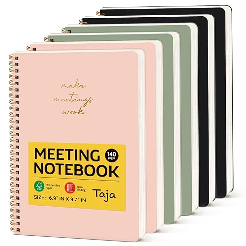 Taja Meeting Notebook for Work, Project Planner, 6.9" X 9.7", 140 Pages | 6 Pack Work Notebook with Action Items, Meeting Minutes Planner Notebook, Office Supplies for Men & Women, Multi