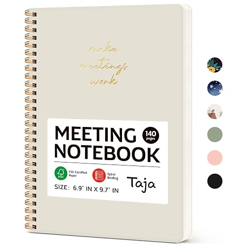 Taja Meeting Notebook for Work, Project Planner, 6.9" X 9.7", 140 Pages | Work Notebook with Action Items, Meeting Minutes Planner Notebook, Office Supplies for Men & Women, Beige