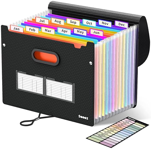 Sooez Accordion File Organizer, 13-Pocket Expanding File Folder Letter Size | Deeper 13-Pocket Keep Index Tabs Visible, Thickened Cover, Monthly Bill Paper Receipt Document Organizer, Home Office School