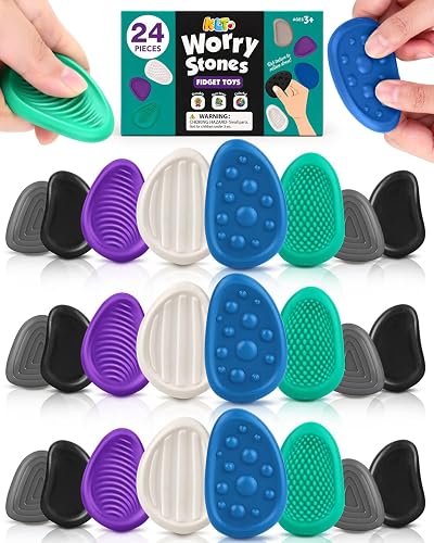 Fidget Toys Sensory Stone for Adults: 24 Pack Discreet Textured Worry Stones - Quiet Desk Toys for Office Autism Stress Relief - Calming Fidgets Bulk for Classroom Teens Focus