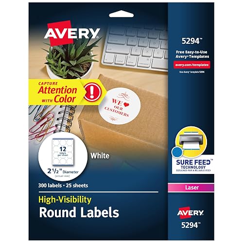 Avery® Round Printable Labels, 2.5" Diameter, Matte White, Sure Feed® Technology, Laser & Inkjet Compatible, 300 Blank Labels Total, Great for Branding, Packages, School Supplies, and More (5294)