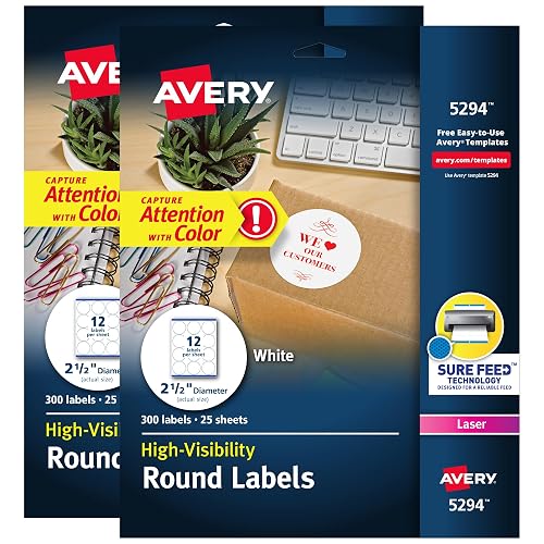 Avery® High Visibility Printable Round Labels, Sure Feed® Technology, 2.5" Diameter, White, Laser Printer, 300 per Pack, 2 Packs, 600 Customizable Blank Labels Total (45294)