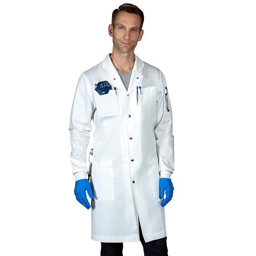 The Lab Coat Project: 100% Cotton Chemistry Men's 6-Pocket Long Cuffs Snaps | White & Black Premium 100% Cotton Men Lab Coat, 6 Pocket Safety Howie Design, Science-Chem Labs, Students to Professionals