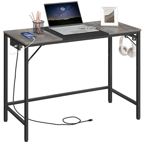 HOOBRO Computer Desk, 39.3 Inch Small Desk with Power Outlet, Writing Table with USB Charging Ports and 3 Hooks for Home Office, Bedroom, Easy to Assemble, Charcoal Gray and Black BC41UDN01