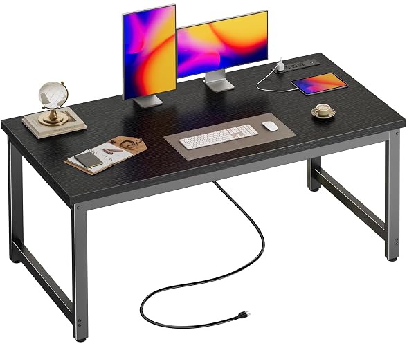 Huuger 55 x 24 inch Desk with Power Outlets & 0.95 Inch Thicker Desktop | Robust Metal Tubes, USB-C, Computer Desk, Heavy Duty Office Desk, Work Gaming Desk for Home Office, Black