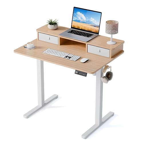 YOLEZO 35" x 24" Electric Standing Desk with Dual Drawers, Light Walnut | Height Adjustable Sit Stand up Desk with Storage Shelf, Compact Computer Desk with Cable Management for Home Office