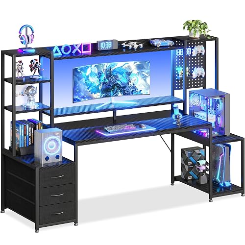 AODK 67 Inch Gaming Desk with Storage Shelves, 3 Drawers, LED Lights, Hutch | Large Computer Desk with Pegboard & PC Shelf & Monitor Stand, Reversible Office Desk, Black