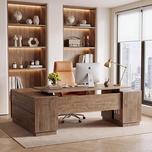 80" L-Shaped Executive Desk, Large Home Office Computer Desk with Drawers | Farmhouse Wooden Computer Desk with File Cabinet and Shelves, Corner Computer Table Business Furniture for Home Office, Brown