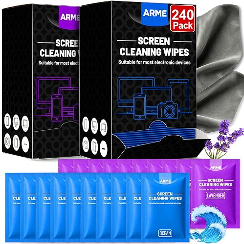 Arme Computer Screen Cleaner Wipes,Individually Wrapped,240 PCS | Streak-Free&Scratch-Free Screen Wipes for Electronics,Monitors,Phones,Tech,Laptops, Computers, Ocean&Lavender Scent