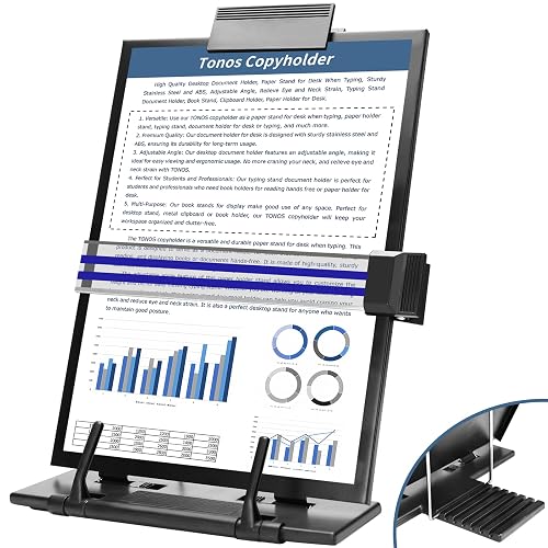 TONOS Paper Stand Document Holder - Quality Document Holder for Desk, Paper Stands for Desk When Typing, Sturdy Stainless Steel Copy Holder, Adjustable Angle, Papers Holder Stand for Desk Typing