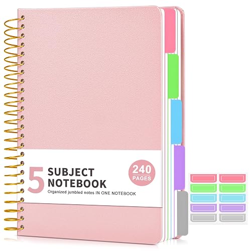 5 Subject Notebook College Ruled 240 Pages, A5(5.8"x8.3") Hardcover Spiral Notebook with Removable Pocket Dividers Tabs, Lined Spiral Journal Notebook for Women, Notebooks for Work School Note taking Pink