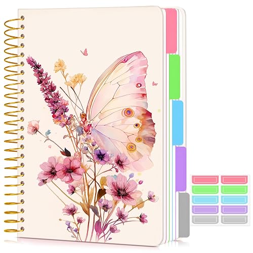 5 Subject Notebook College Ruled 240 Pages, A5(5.8"x8.3") Hardcover Spiral Notebook with Removable Dividers Tabs, Lined Spiral Journal Notebook for Women, Notebooks for Work School，ButterflyBouquet