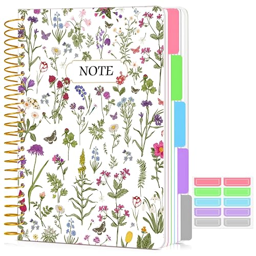 5 Subject Notebook College Ruled 240 Pages, A5(5.8"x8.3") Hardcover Spiral Notebook with Removable Dividers Tabs, Lined Spiral Journal Notebook for Women, Notebooks for Work School，whitespringflower