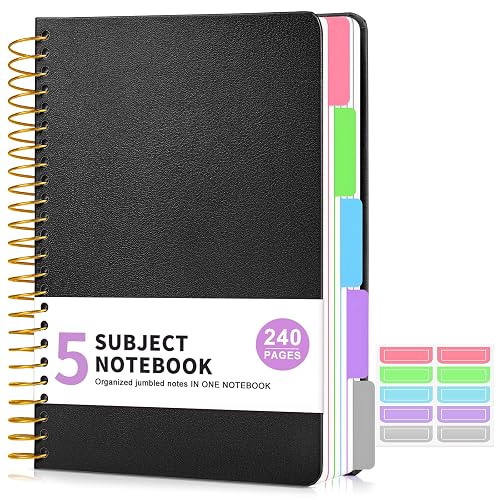 5 Subject Notebook College Ruled 240 Pages, A5(5.8"x8.3") Hardcover Spiral Notebook with Removable Pocket Dividers Tabs, Lined Spiral Journal Notebook for Women, Notebooks for Work School Note taking Black