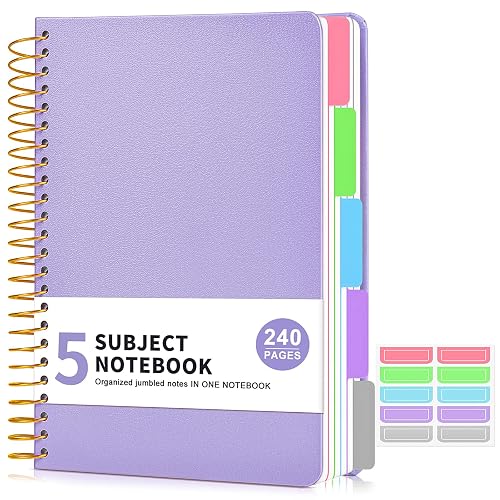 5 Subject Notebook College Ruled 240 Pages, A5(5.8"x8.3") Hardcover Spiral Notebook with Removable Pocket Dividers Tabs, Lined Spiral Journal Notebook for Women, Notebooks for Work School Note taking purple
