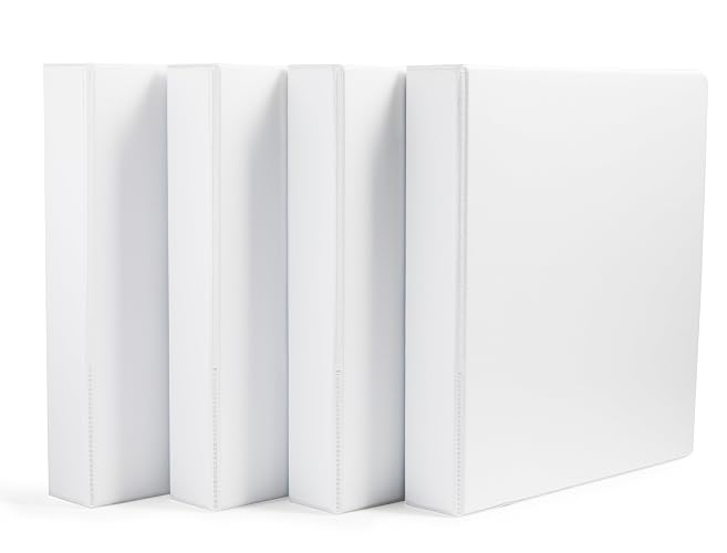 Amazon Basics 3 Ring Binders, 1.5 Inch D-Ring Organizer for School, Home Office, White, 4 Pack