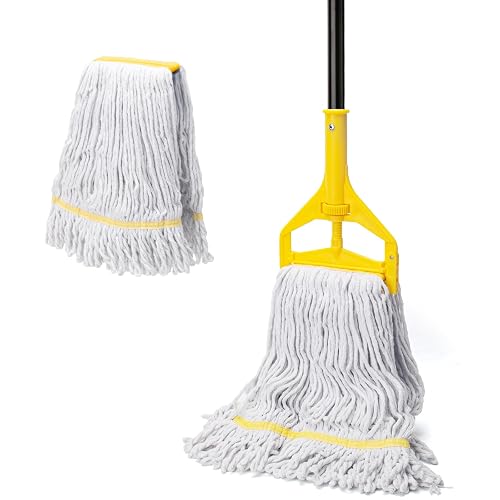 Commercial Mop with 2 Large Replacement Heads,Heavy Duty Industrial Mops | 59" Long Handle,for Floor Cleaning,Looped-End String Wet Cotton Mop for Home,Kitchen,Office,Garage,Concrete/Tile Floor