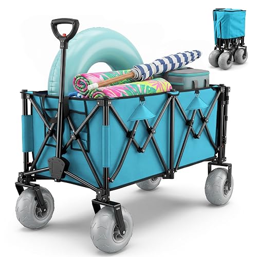 Romswi Heavy Duty Beach Wagon with 9" Wide Big Wheels, 450LBS Capacity, 59" Extender,400L Large Foldable Wagon Cart, Adjustable Handle, All-Terrain Cart for Beach,Camping,Garden,Light Blue