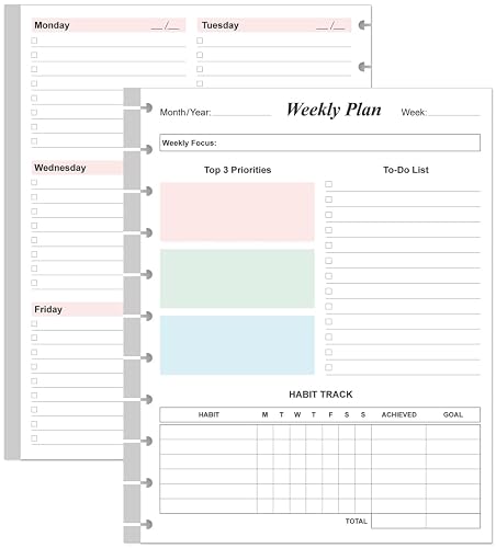 Weekly Planner Undated Refills - Letter Size 53 Sheets/106 Pages Colorful Weekly Planner for 11-Disc Discbound, TUL, 100 gsm White Paper, Lasts 1 Year, Undated, 8.5" x 11"