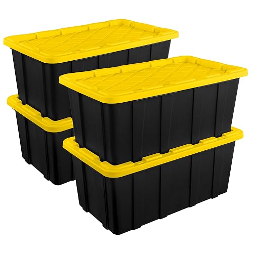Sterilite Industrial Storage Tote with Lids for Garage, 38 Gallon, 4-Pack | Heavy-Duty and Stackable Utility Box Containers for Home, Office, and Basement Organization, Black/Yellow