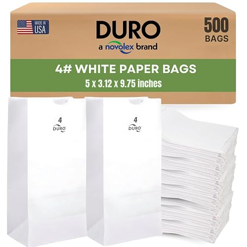 DURO 51004 4# White Paper Lunch Bags, 5 x 3.12 x 9.75 in, 500 Ct | Open-Top Design for Lunches, Sandwiches, Snacks, Candy, Cookies, Popcorn, Crafts, Retail Uses, Pharmacy Needs & Takeout