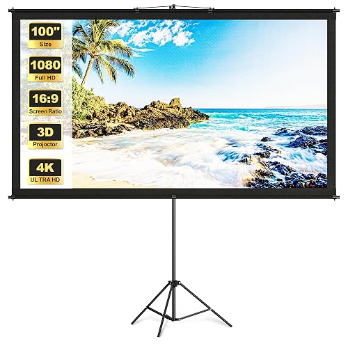 Projector Screen with Tripod Stand, Easy Setup Indoor Movie Screen, Lightweight Foldable Projection Screen for Camping, Home Theater, 100in, 16:9 4K