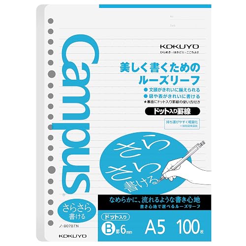 Kokuyo Campus A5 Loose Leaf Paper, 6mm Dot Ruled Refill Paper, 100 Sheets | 75gsm Sarasara smooth filler paper in 5.8"x8.3", 20 holes dotted narrow line spacing notebook paper for school, 100/pack