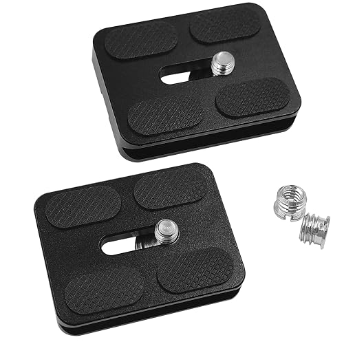 IOUALEY 2 Pcs PU50 Tripod Quick Release Plate + 2 Pcs 1/4-3/8 Inch Screw, 50mm*38mm Camera Plates Mount with 1/4''-20 Screw, Compatible with Manfrotto Arca Swiss Benro QR Plate for DSLR Camera