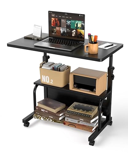 QZMDSM Small Computer Desk  for Bedroom,Adjustable Rolling Desk,Black | Adjustable Height Desks for Small Spaces, 32" Computer Desk with Storage Shelves for Home Office Black