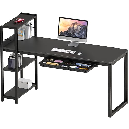 SHW 46-Inch Home Office Computer Desk w/Side Shelf & Drawer, Black | w/ Reversible Adjustable Shelf | Drawer with adjustable compartments