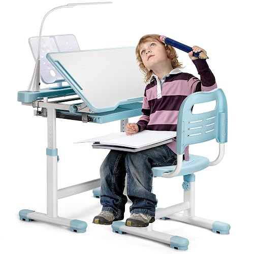 Rengue Kids Desk and Chair Set, Height Adjustable Children School Functional Study Desk with 55° Tiltable Desktop, 3 Modes & Brightness LED Light, Storage Drawer & Metal Hook for Boys Girls (Blue)