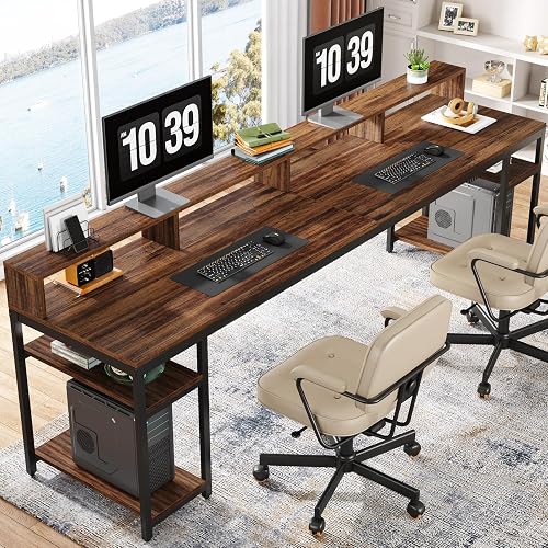 Tribesigns Two Person Desk with Monitor Stand, 78.74" Long Double Computer Office Desk with Storage Shelves, Large Gaming Study Writing Table Workstation for Home Office (Rustic Brown)