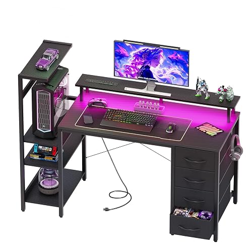 51in Gaming Computer Desk with Drawers & Power Outlet & LED Lights, Black | Gaming Table, Escritorio Gamer, Reversible, Storage Shelves, Home Office Desk, Monitor Stand, Carbon Fiber, for Small Space