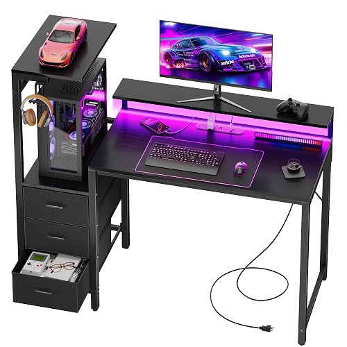 HLDIRECT 44 Inch Gaming Desk with Power Outlets & LED Lights, Black | Reversible gaming computer desk with built-in monitor stand, 3 fabric drawers & 4 side hooks, 2 AC outlets & 3 USB ports