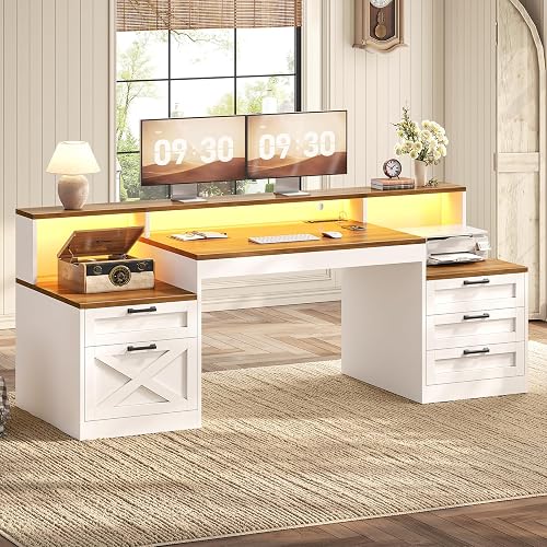 SEDETA 63" Farmhouse Office Desk with 5 Drawers, White and Brown | Executive Computer Desk with LED Lights & Monitor Stand, Wood Home Office Desk with 2 Printer Stand & Power Outlet