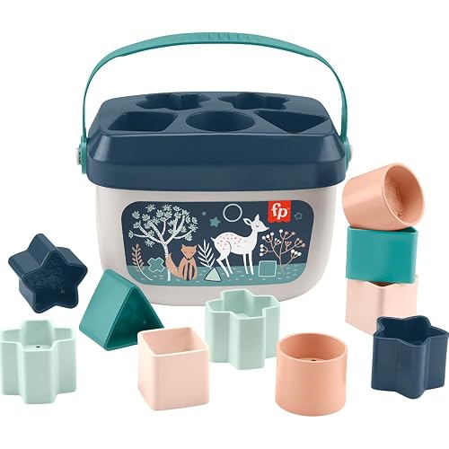 Fisher-Price Baby’s First BlocksToy Set, Navy Fawn | Stacking Toy, 10 Shapes & Storage Bucket, Sorting Play, Infants Ages 6+ Months (Amazon Exclusive)