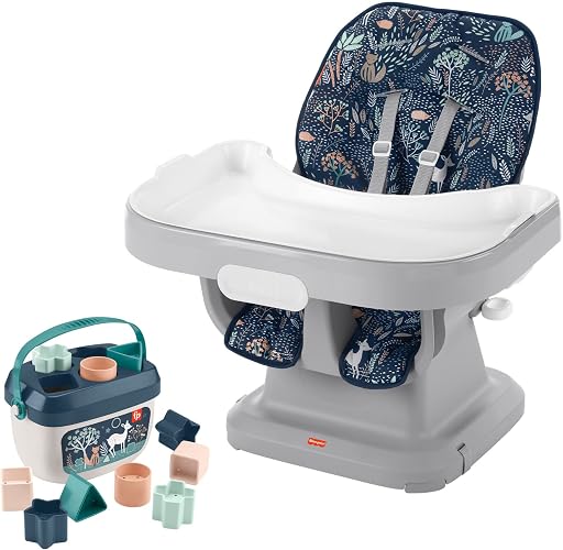 Fisher-Price Portable Baby High Chair and Toddler Booster Seat with Tray, Space Saver Simple Clean, Moonlight Forest [Amazon Exclusive] + Fisher-Price Baby's First Blocks Navy Fawn [Amazon Exclusive]